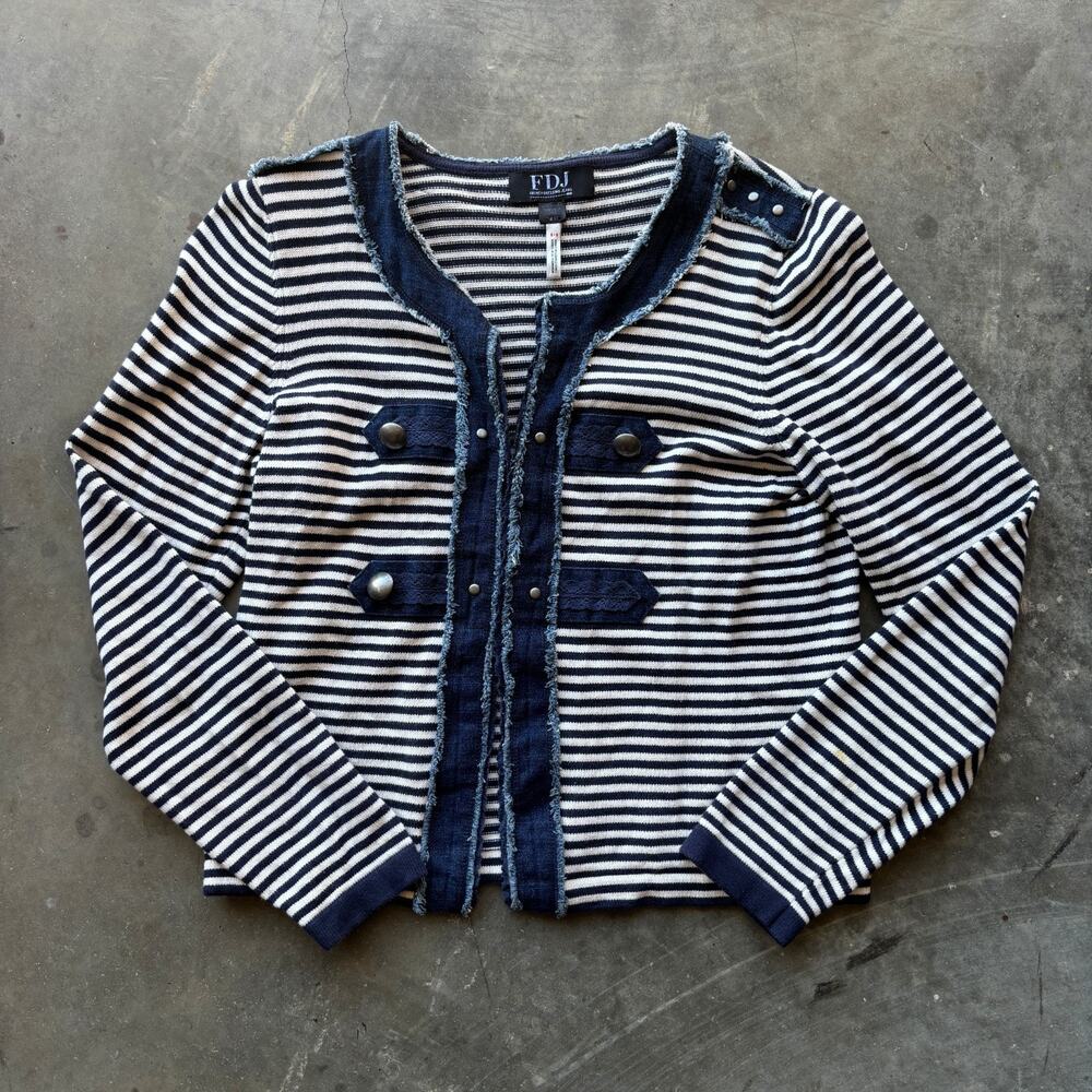 FRENCH DRESSING JEANS Cardigan Sweater Women's M Navy White Striped Long Sleeve